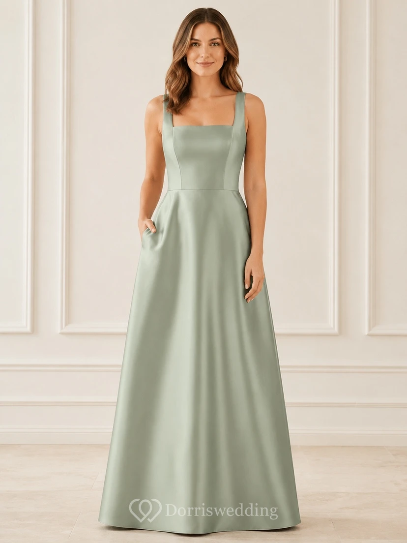 Vestido largo sin mangas de corte A con escote cuadrado y tirantes, color celadón, de satén.