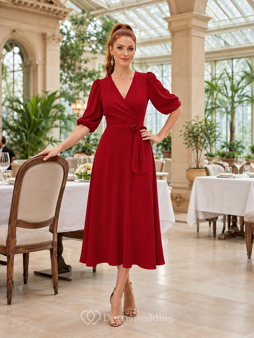 Red V Neck Puff Sleeve A Line Midi Guest Dress