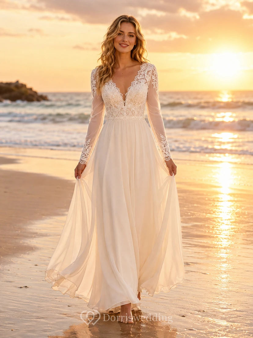 Robe de mariée en mousseline à manches longues en dentelle et col en V, style plage