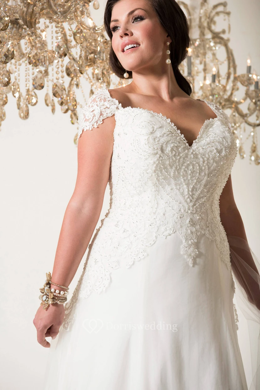 A-Line Floor-Length V-Neck Cap Tulle Chiffon Court Train Illusion Beading Dress view 2