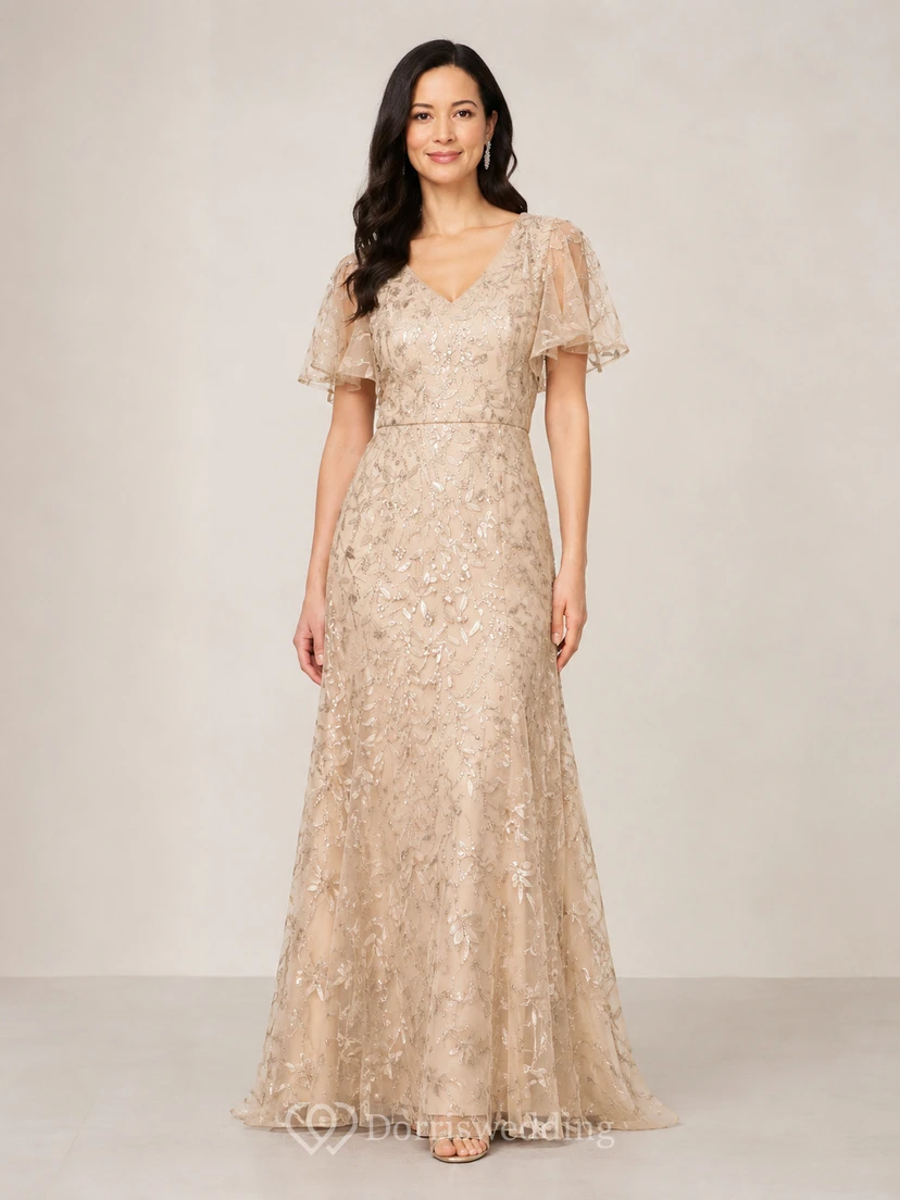A-Line Lace Mother of the Bride Dress with V-neck, Short Sleeve and Lace Appliques, Floor Length