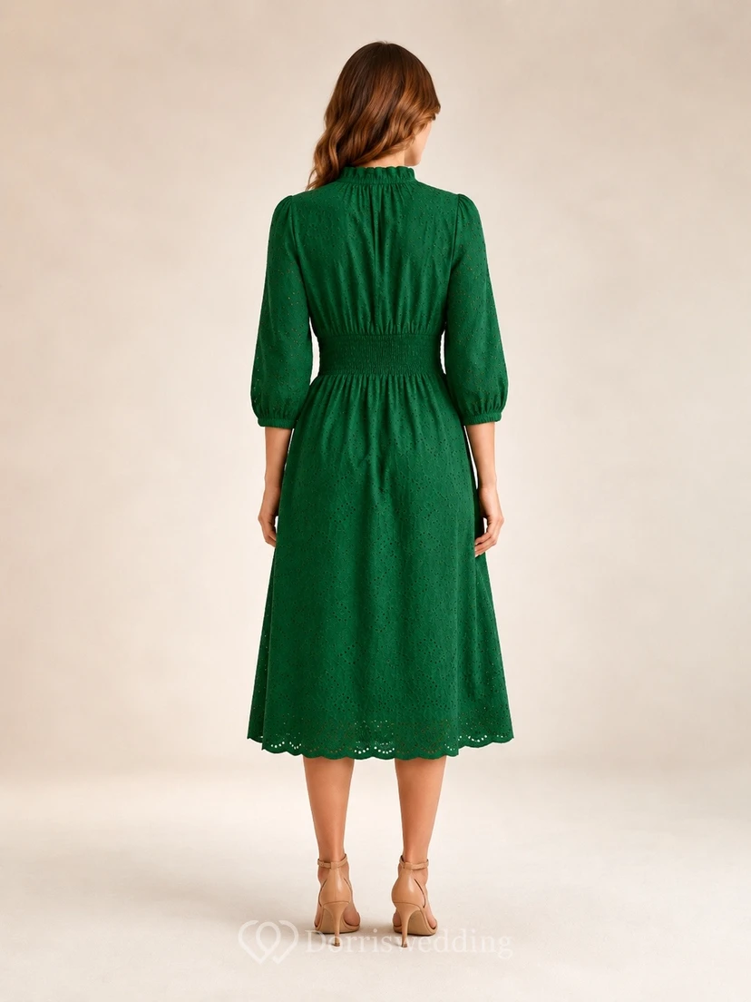 Dark Green V-Neck Long Sleeve Jersey A-Line Tea-Length Occasion Dress view 2