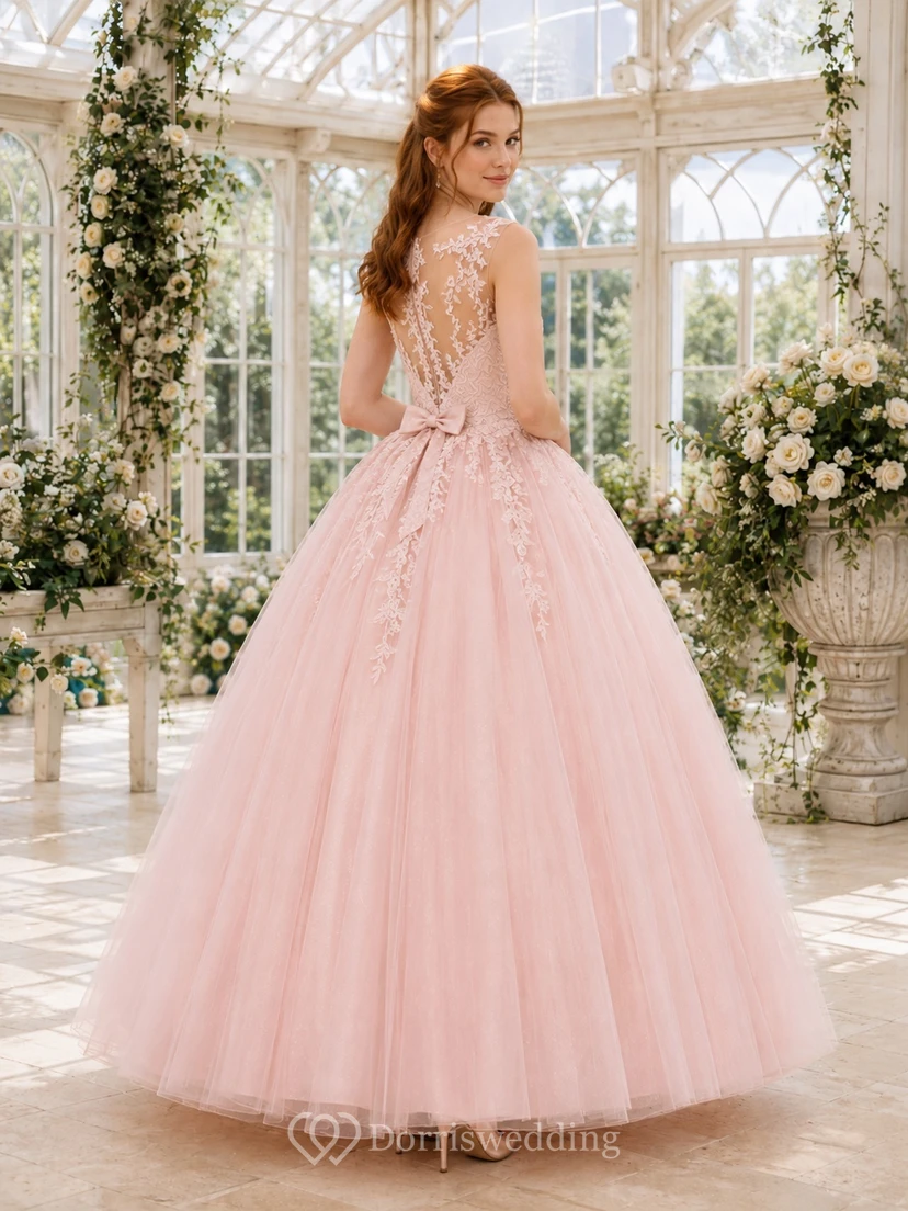 Vestido de fiesta largo hasta los tobillos de princesa con encaje y tul, estilo ilusión, con escote barco, para debutantes. view 2
