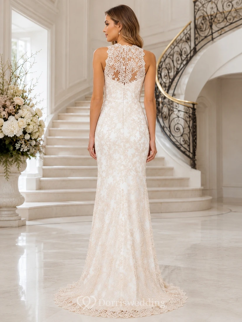 Vestido de novia de lujo sin mangas con escote joya y cola de sirena con encaje y cuello joya. view 2