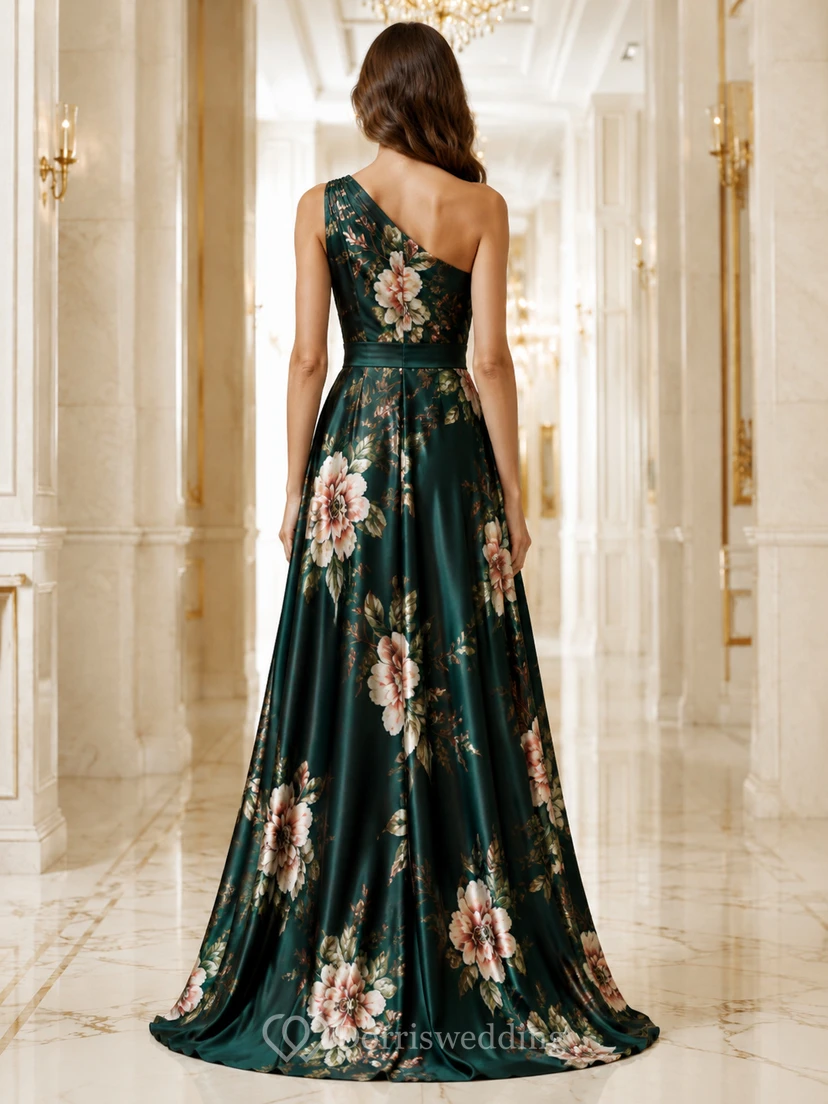 Dark Green Floral One Shoulder Satin A Line Formal Gown view 2