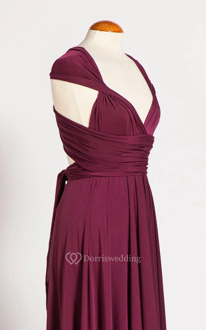 V Neck Sleeveless Empire Pleated A-line Jersey Long Dress With Bandage view 2