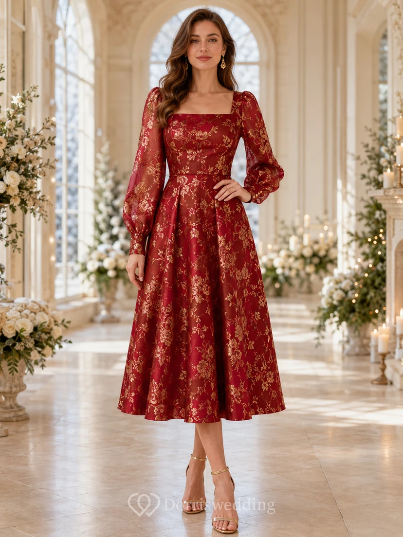 Robe d'invitée de thé rouge et or à col carré et manches bouffantes en jacquard, col carré et manches bouffantes