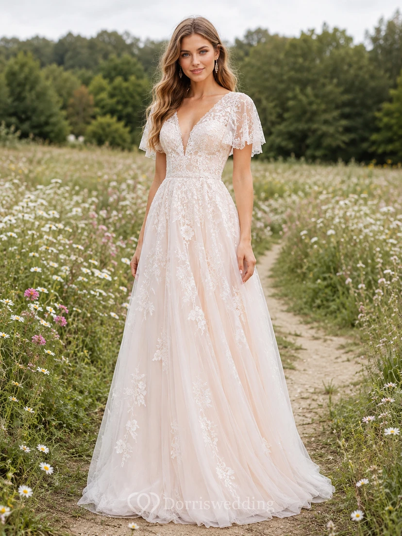 Flutter Sleeve Floral Lace Meadow A Line Bridal Gown