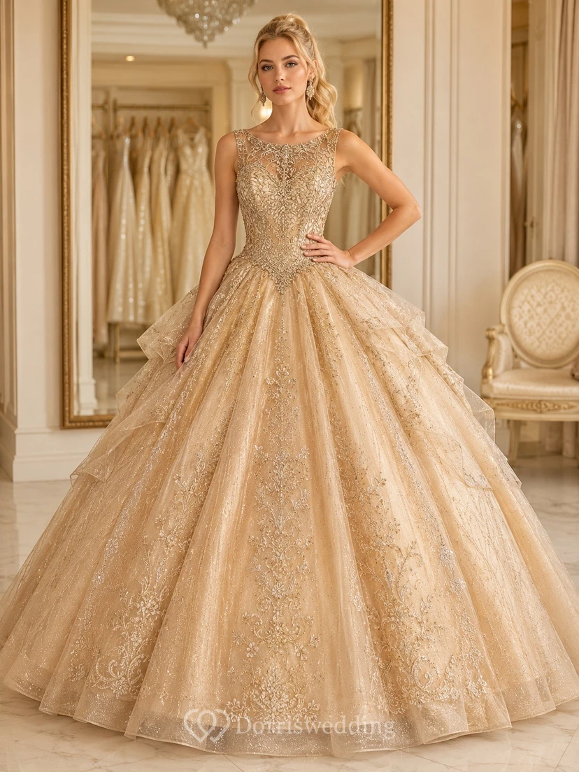 Gold Champagne Embroidered Tulle Ball Gown Quinceanera Dress Luxury
