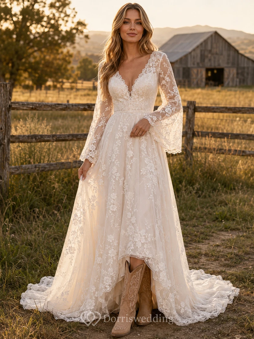 Vestido de novia de tul y encaje campestre, corte en A, hombros descubiertos, manga corta, cola de capilla, espalda baja en V.