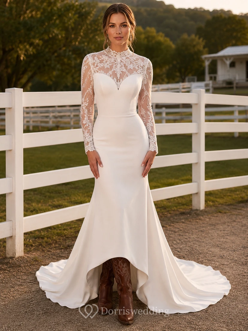 Robe de mariée de maternité, col carré, manches longues, dentelle, coupe trapèze, style champêtre