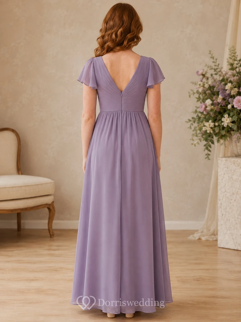 Lavendelfarbenes Brautjungfernkleid für junge Damen, A-Linie, V-Ausschnitt, kurze Ärmel, plissiert view 2