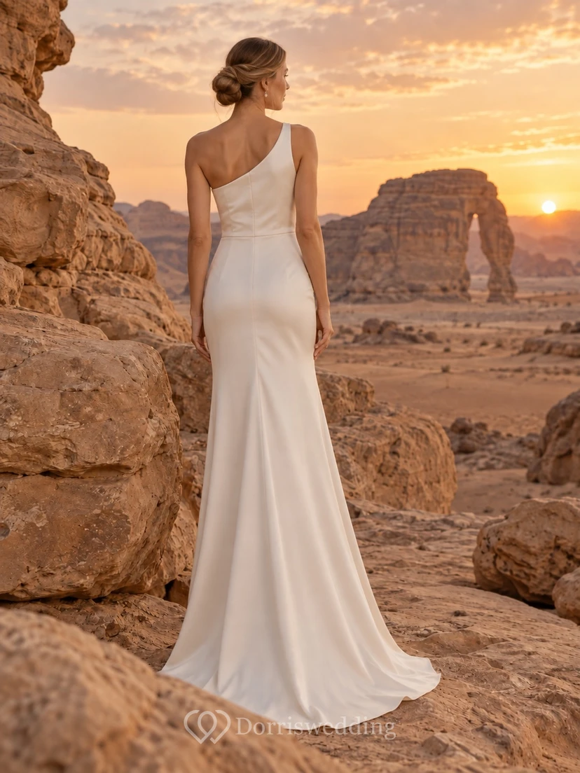 Vestido de novia sencillo de corte recto, un solo hombro, de satén liso y largo hasta el suelo. view 2