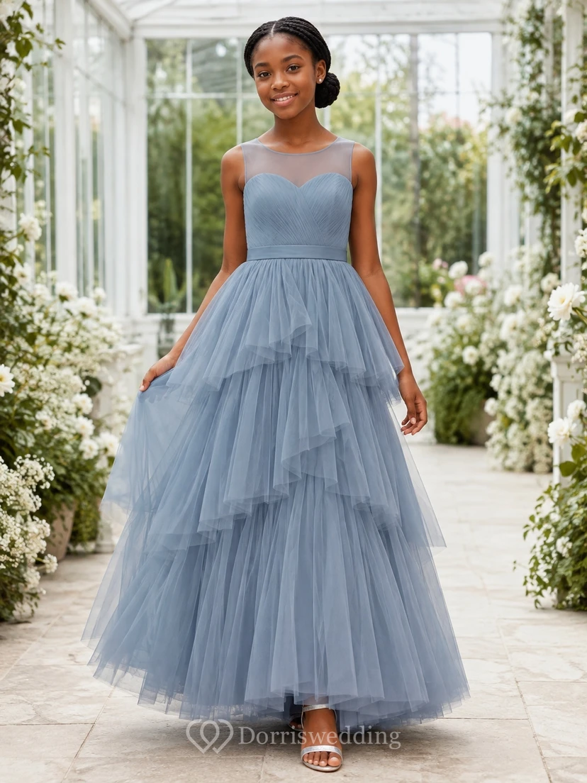 Schieferblaues Brautjungfernkleid im A-Linien-Schnitt mit Herzausschnitt, ärmellos, aus Tüll, romantisch