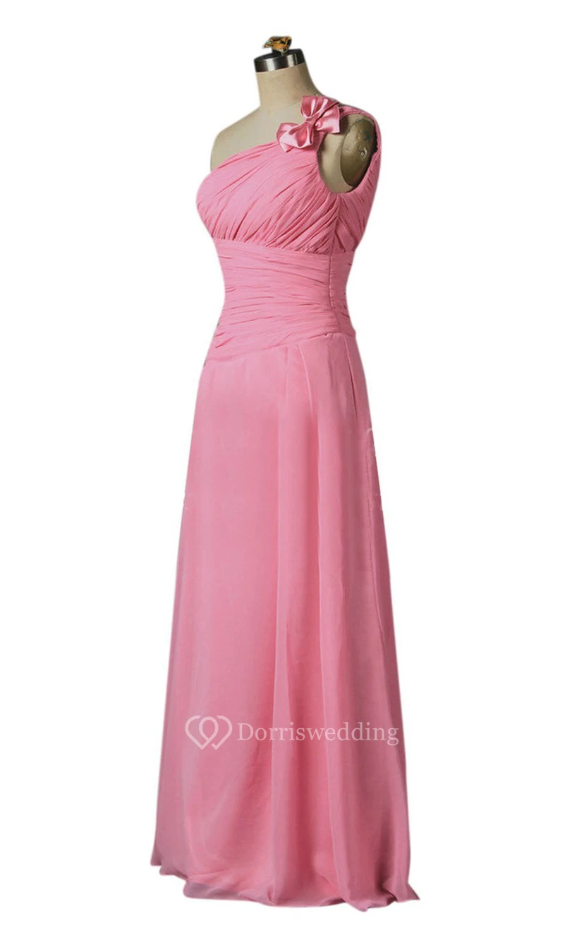 One-shoulder Ruched Chiffon A-line Gown With Bow view 10
