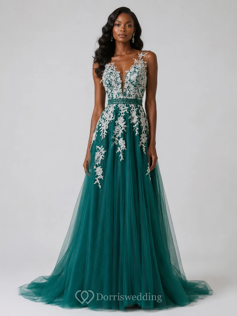 Robe trapèze en tulle et dentelle, col en V, ornée d'appliqués et dos nu en V view 5