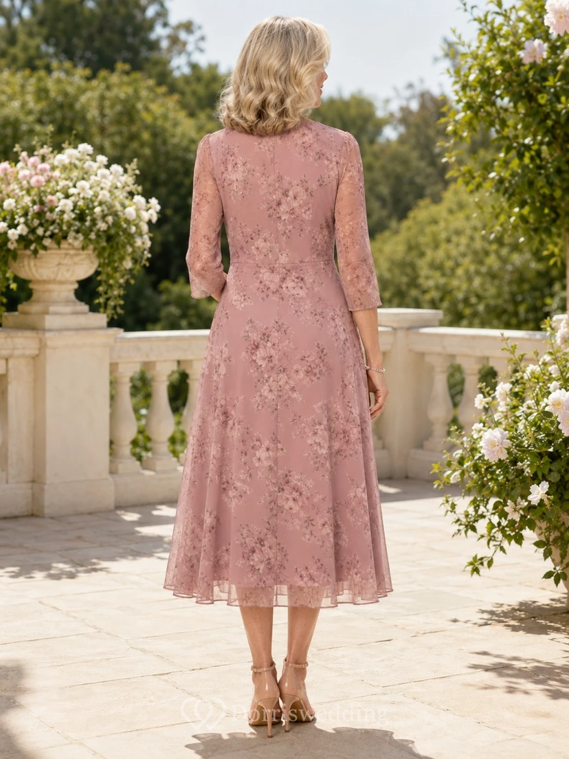 Robe de mère de la mariée, style modeste, à fleurs, manches trois-quarts, longueur thé, manches trois-quarts, idéale pour les view 2