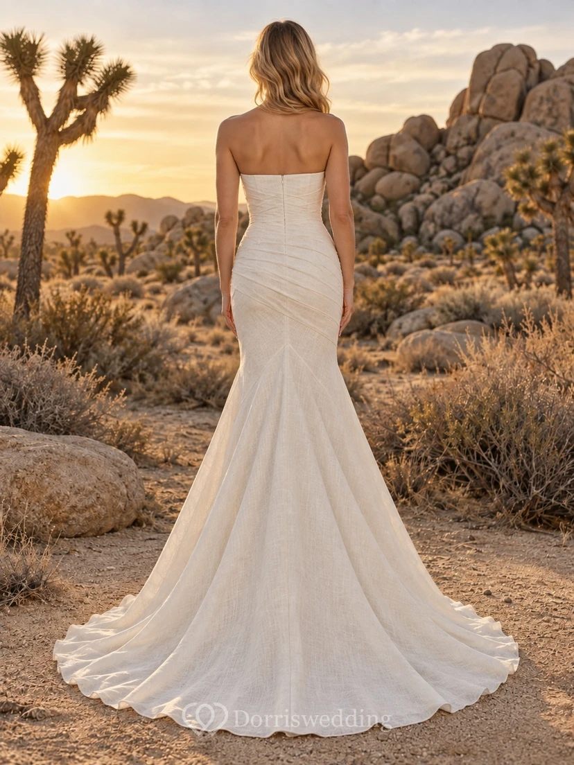 Vestido de novia sencillo, sin tirantes, estilo sirena, sin mangas, fruncido, de mezcla de lino, largo hasta el suelo view 2