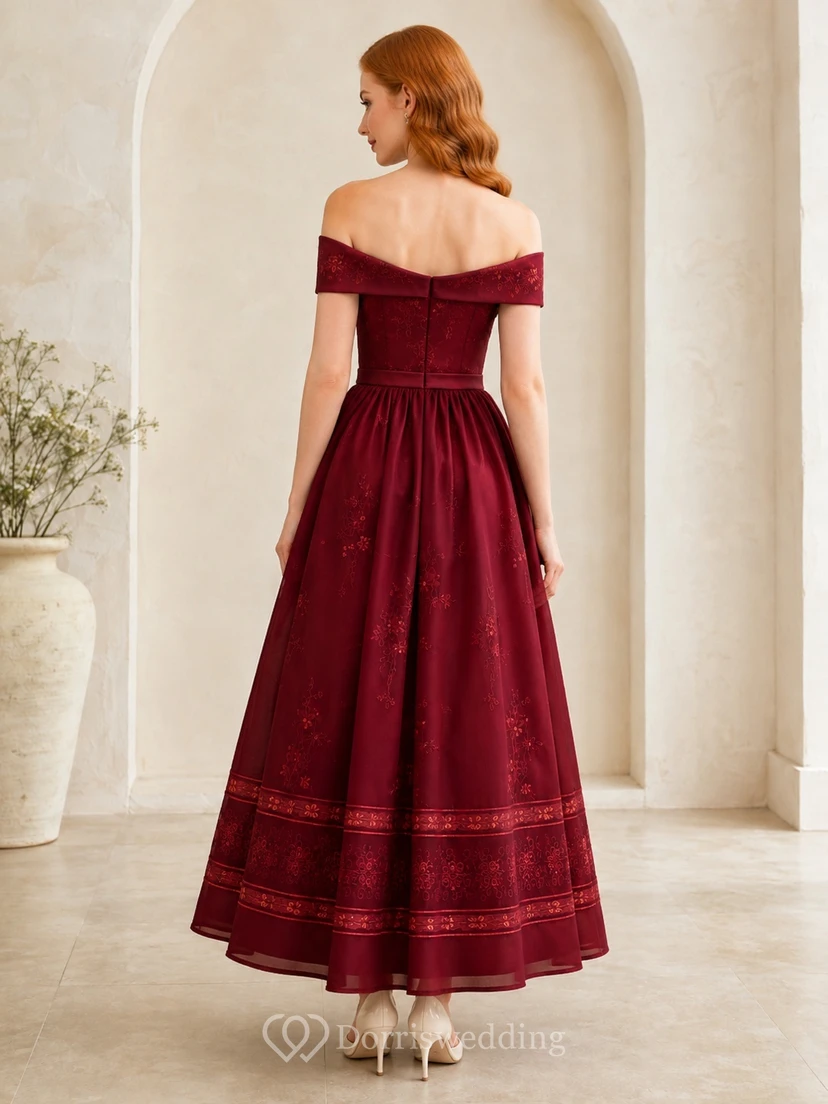 Burgundy Vintage Floral Print Off-the-shoulder Pleated A-Line Tea-length Dress view 2