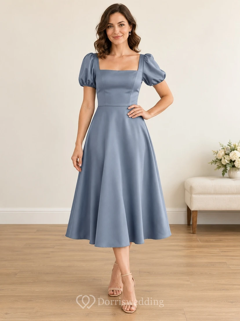 Modest Steel Blue Tea-length Square Neck Puff Sleeve Bridesmaid Dress