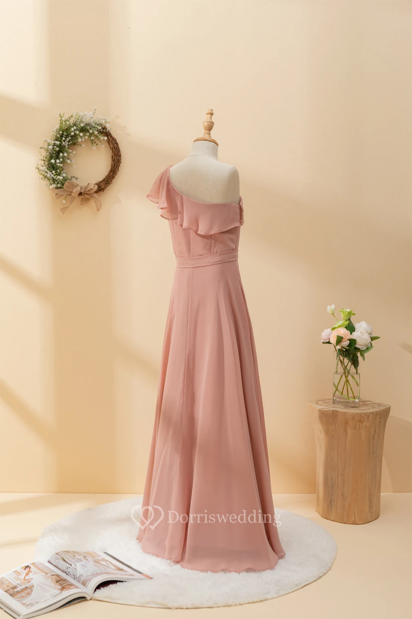 One-shoulder Asymmetrical Chiffon Pleated Floor-length Flowergirl Dress view 4