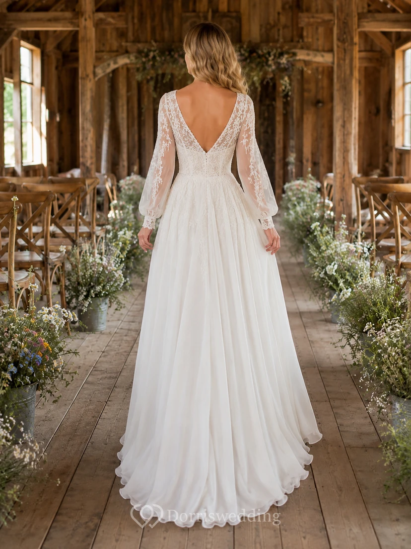 Bishop Sleeve Lace Bodice Rustic Barn Bridal Gown view 2