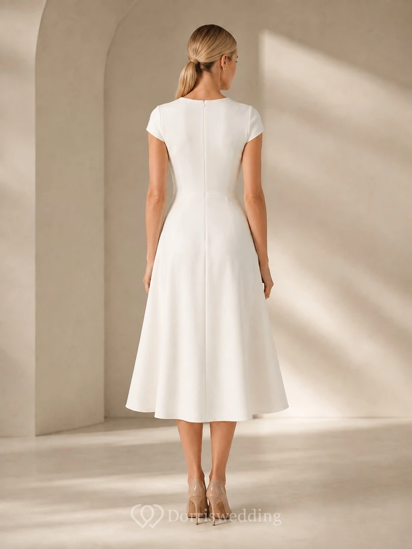 White Clean Jewel-Neck A-Line Tea-Length Short-Sleeve Simple Guest Dress view 2