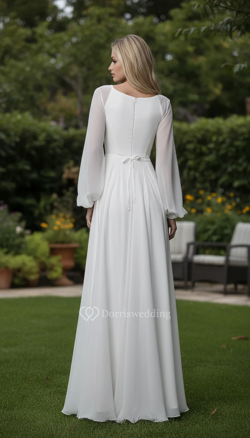Long Sleeve V-Neck Chiffon A-line Simple Wedding Dress view 3
