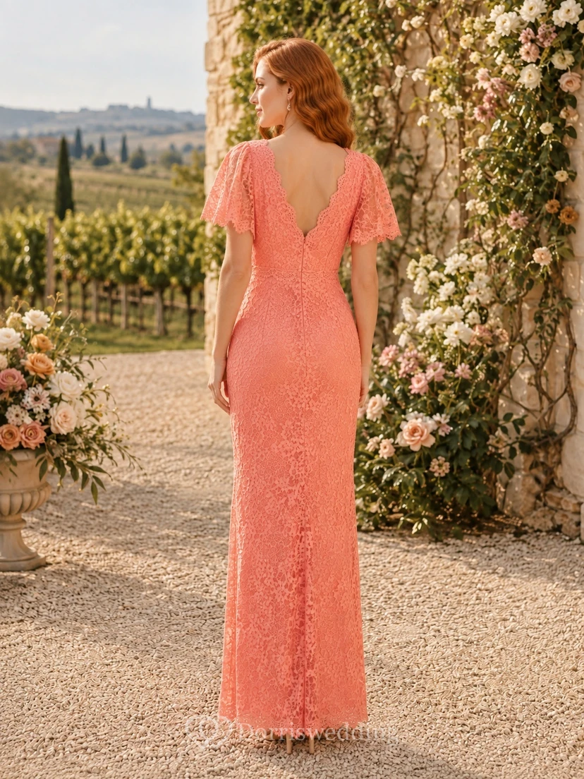 Coral V-Neck Short Sleeve Lace Sheath Floor-length Formal Wedding Guest Dress view 2