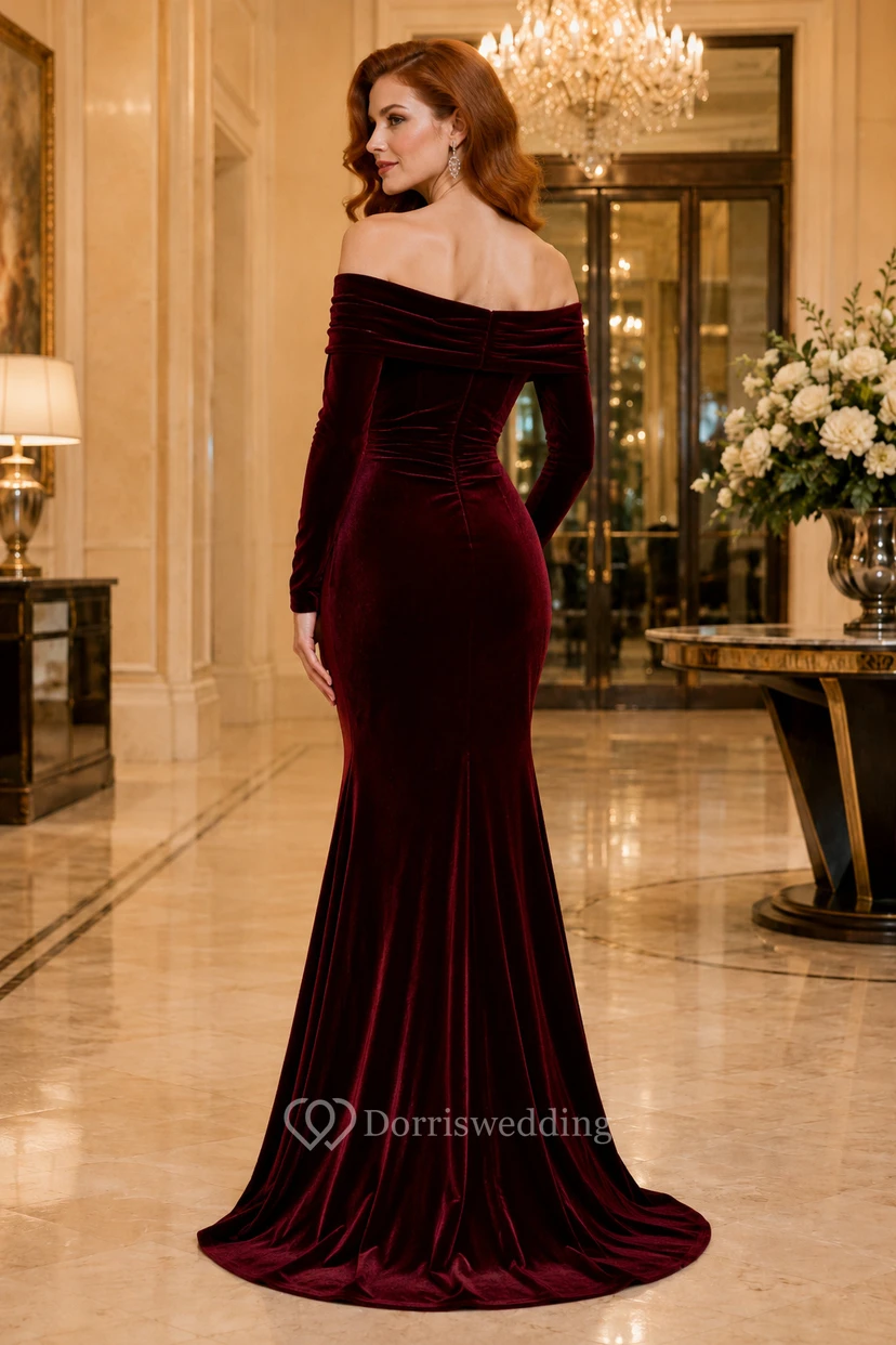 Burgunderfarbenes schulterfreies, langärmeliges Meerjungfrauen-Abendkleid aus Samt view 2