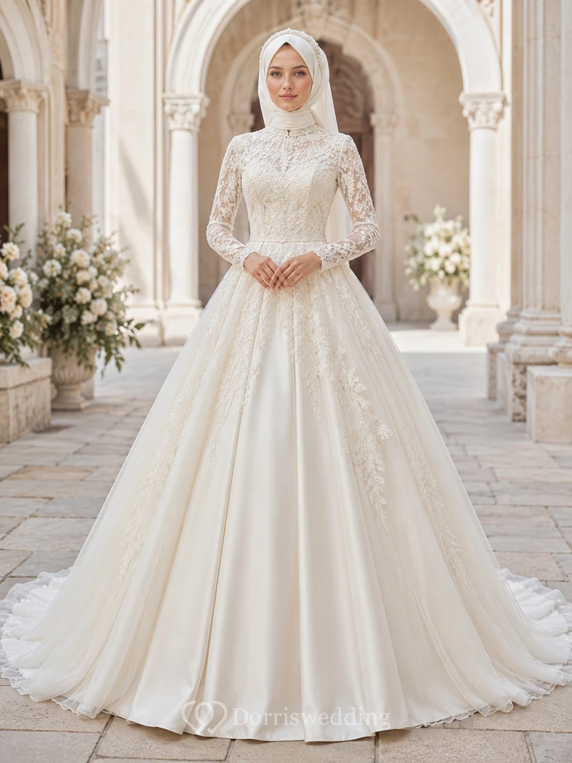 Vestido de novia musulmán de satén con corpiño de encaje y cuello alto, corte en A