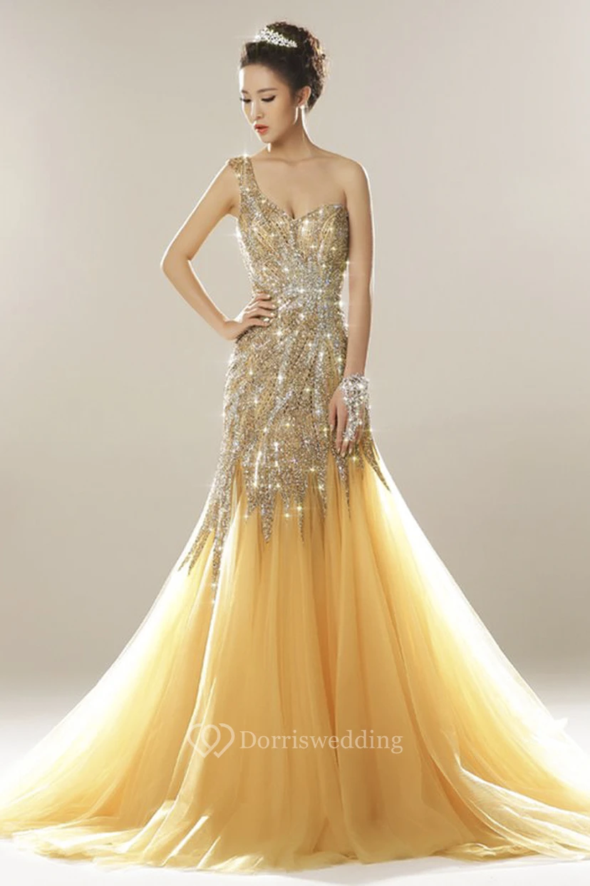 One Shoulder Beaded Open Back Luxury Tulle Mermaid Dress With Appliques