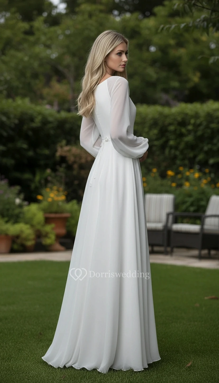 Long Sleeve V-Neck Chiffon A-line Simple Wedding Dress