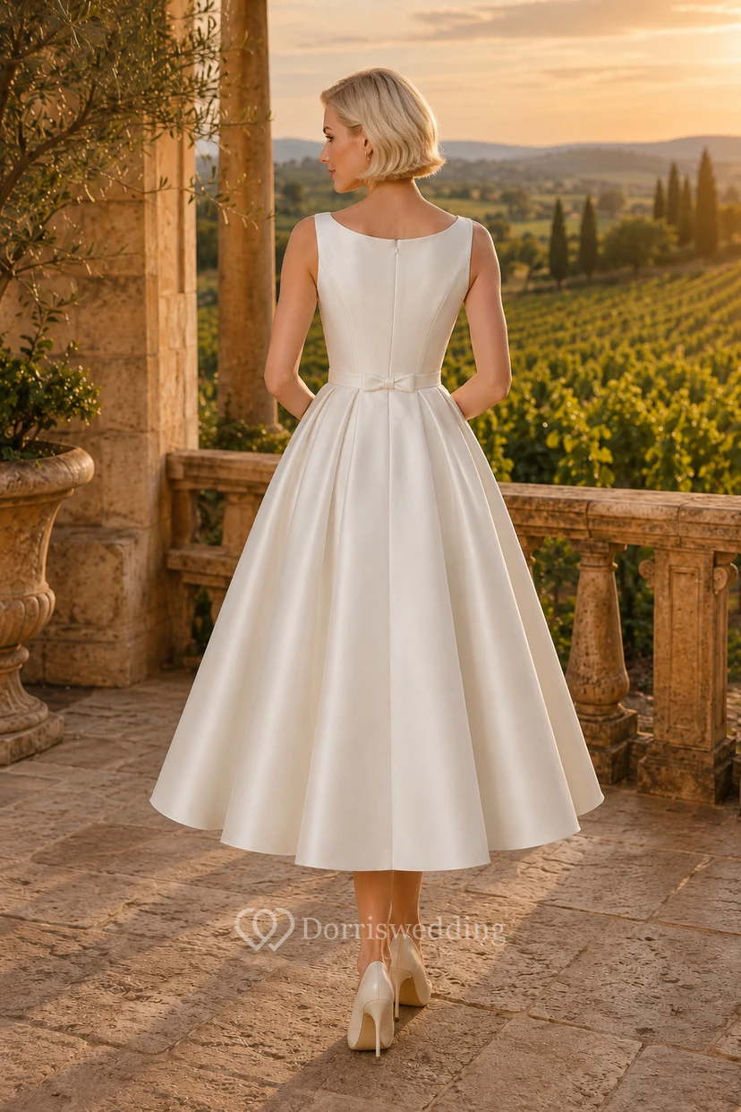 Robe de mariée bateau en satin longueur thé view 2