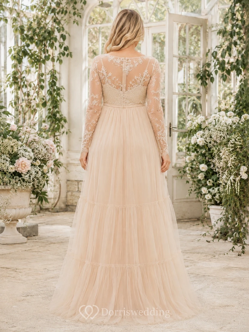 Maternity Champagne Long Sleeve V-Neck Lace Tulle Empire Formal Gown view 2