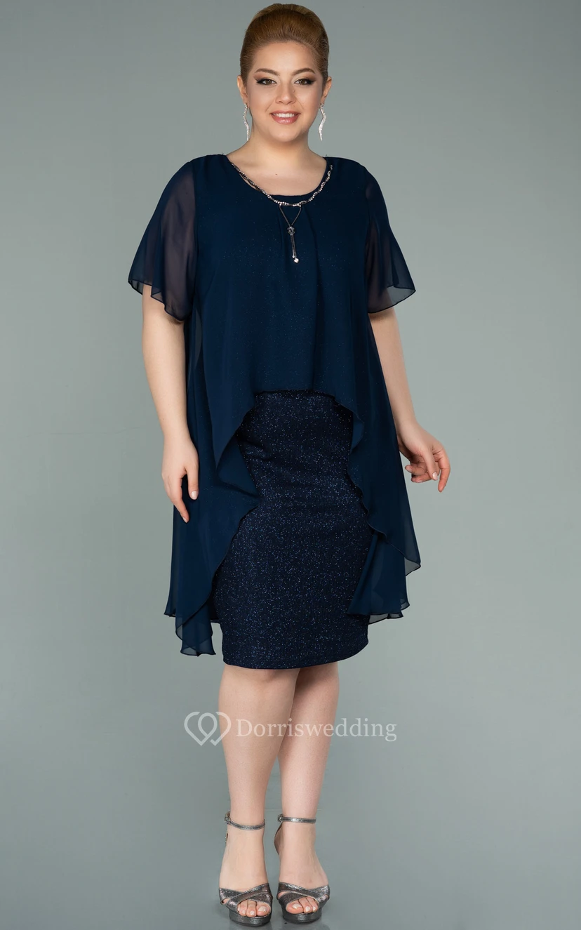 Scoop-neck Half-sleeve Chiffon Sequin Plus Size Mother of Bride Dress view 3