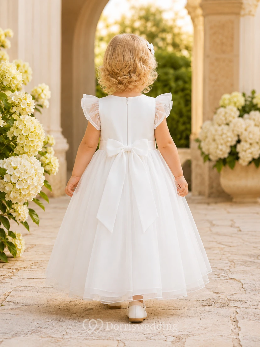 Taufkleid mit flatternden Ärmeln, A-Linie, Organza, Tüll, Rundhalsausschnitt, Teelänge view 2