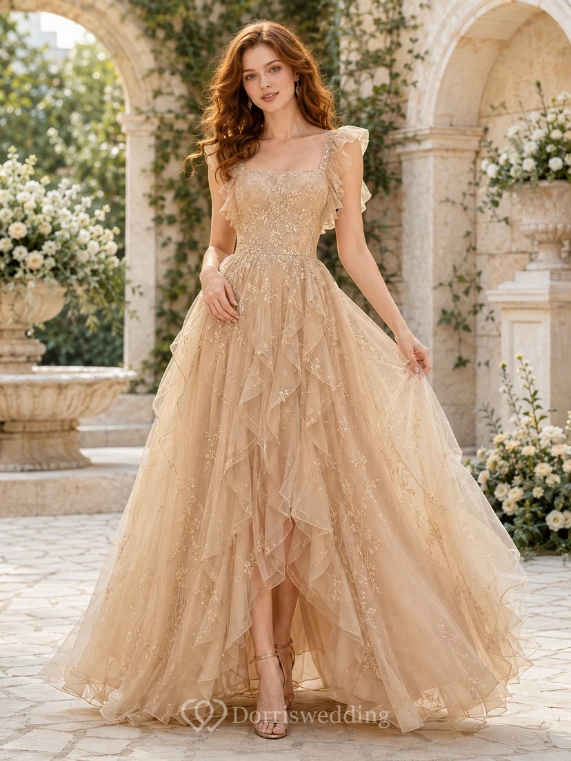 Champagne Square Neck Cap Sleeve Floral Tulle A-Line High-Low Fairy Dress
