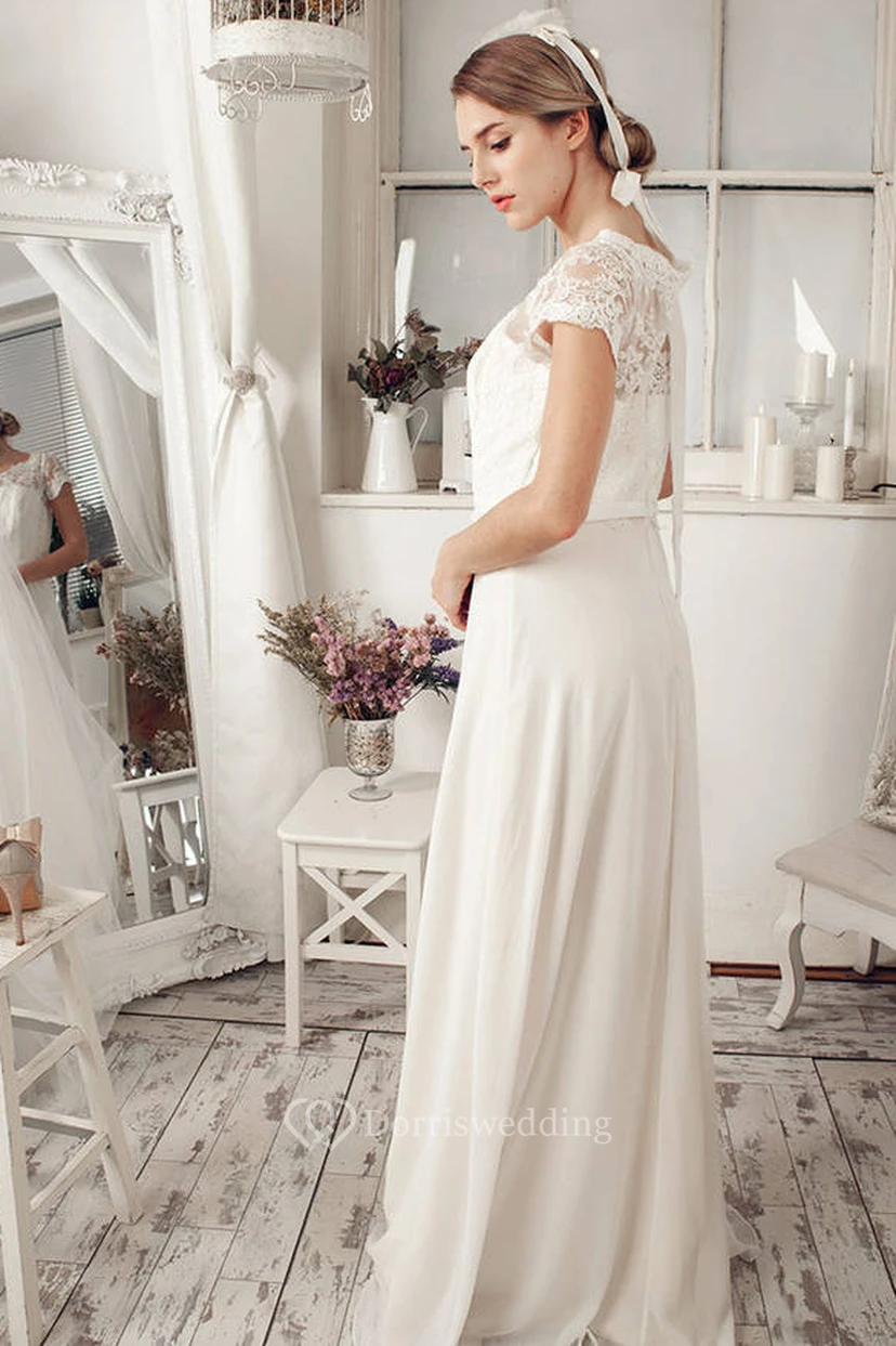Sheath Cap-Sleeve Scoop-Neck Chiffon Wedding Dress With Lace And Illusion view 3