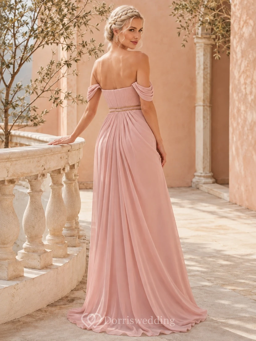 Dusty Rose Off-the-Shoulder Chiffon A-Line Floor Bridesmaid Dress view 2