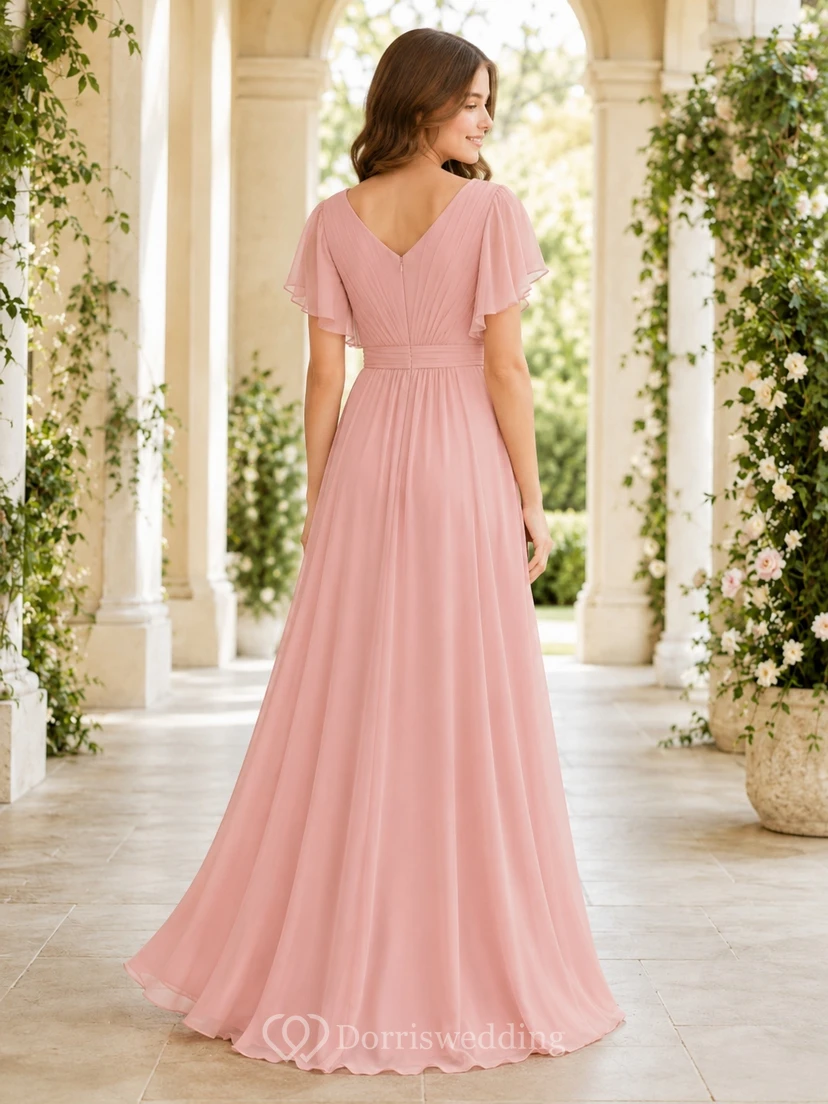 Zartrosa Brautjungfernkleid für junge Damen, A-Linie, V-Ausschnitt, kurze Ärmel, plissiert view 2