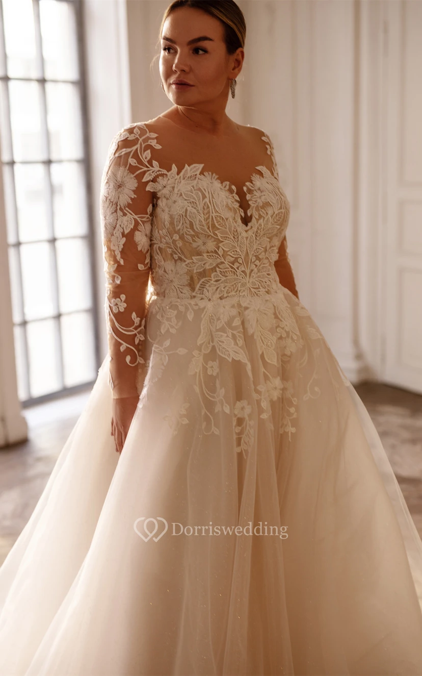 Robe de bal sexy grande taille en dentelle bateau, tulle illusion, coupe trapèze, traîne balayée et appliques view 4