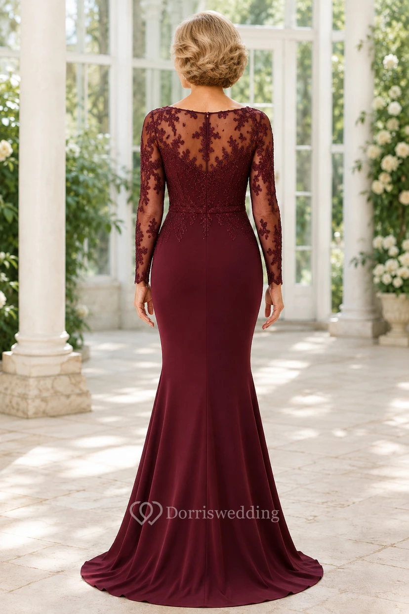 Burgunderfarbenes Meerjungfrauenkleid mit Spitzenärmeln view 2