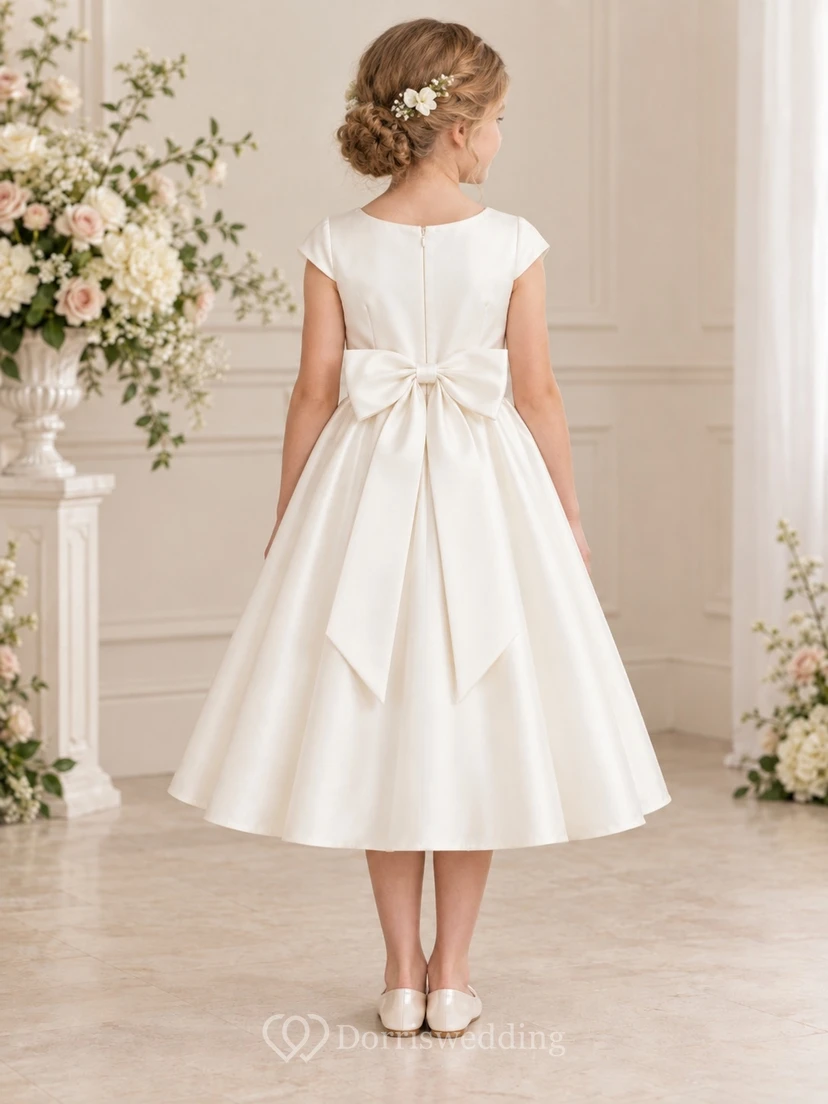 Simple Tea-length Ivory Satin Jewel Cap-sleeve Sashed Gathered Bow-back A-line Flower Girl Dress view 2