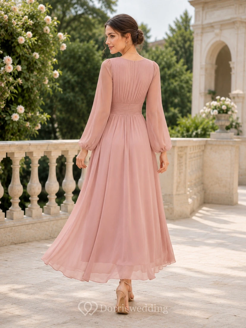 Dusty Rose V-Neck Long Poet Sleeve Chiffon A-Line Floor-Length Modest Evening Dress view 2