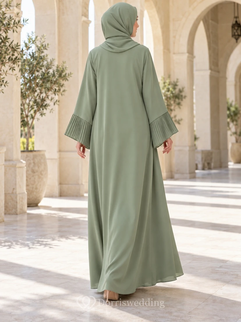 Robe abaya ample à manches longues et poignets plissés, couleur sauge, simple et élégante view 2