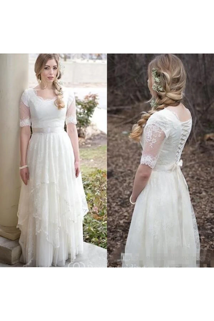 Schlichtes Brautkleid im Landhausstil mit böhmischem Garten-Flair, Spitze, Tüll, Rundhalsausschnitt, Illusionsausschnitt und kurzen Ärmeln view 3