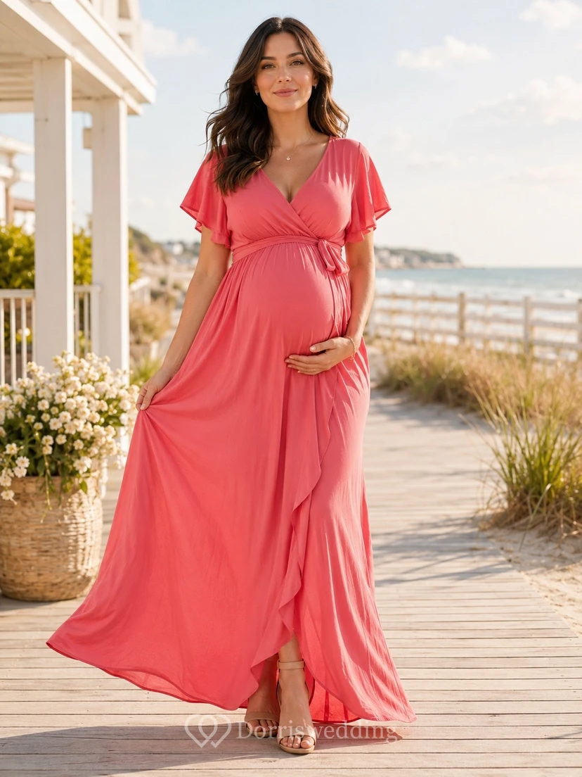 Coral V-Neck T-Shirt Sleeve Empire Maternity Chiffon Maxi Dress