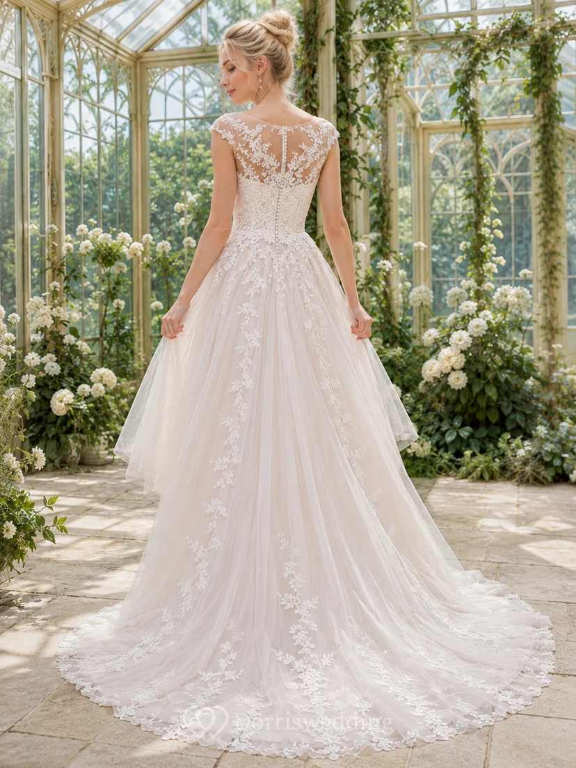 Romantic High-Low Bateau Cap Sleeve Lace Tulle Elegant Wedding Dress view 2