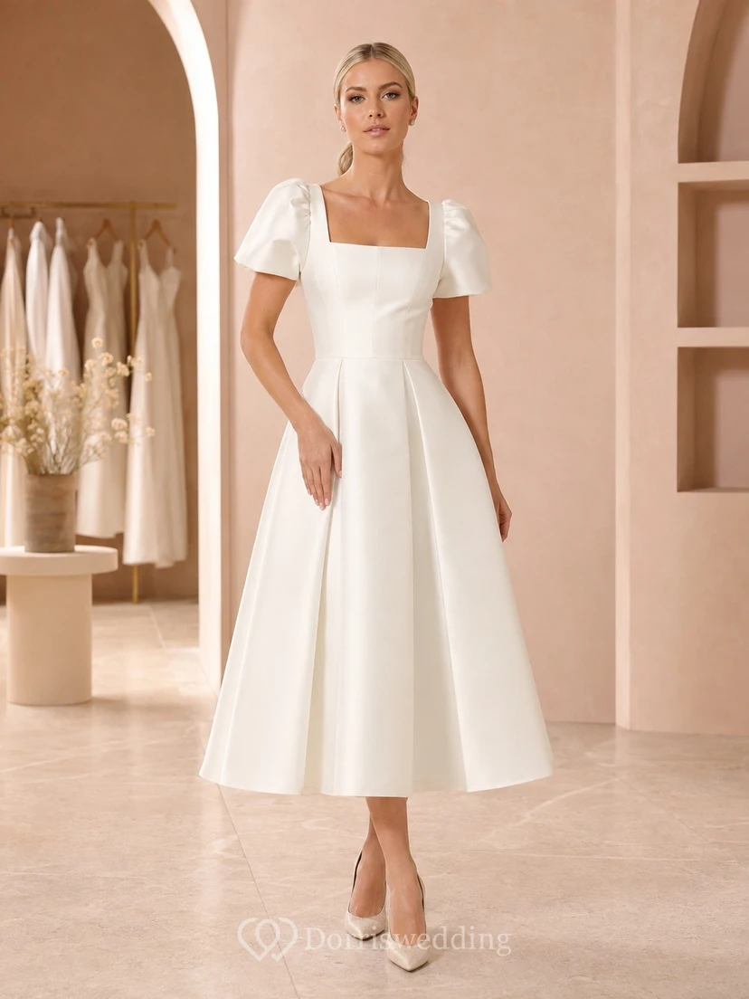 White Square Neck Puff Sleeve Satin Pocketed Tea-Length A-Line Dress